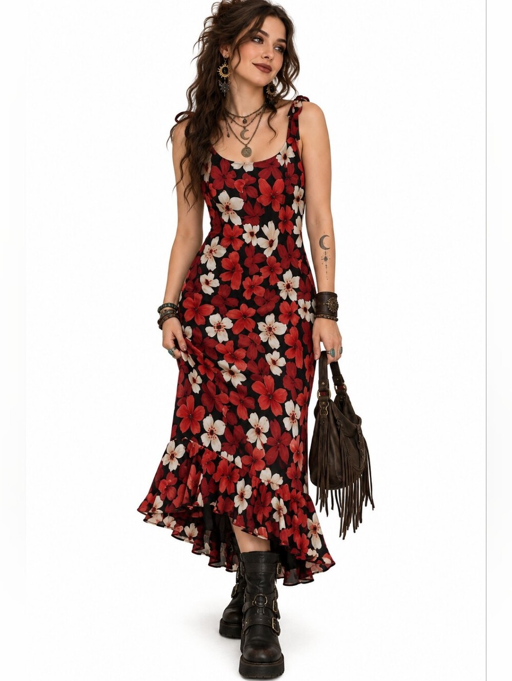 Vintage MidiโMaxi Dress L Y2K Red Black Floral Sheer Flutter Sleeve Dark Floral